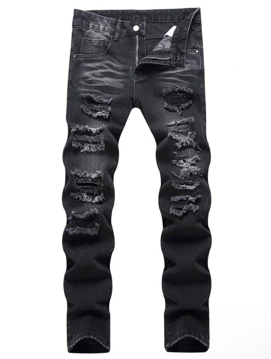 “Black” Men's Distressed Slim Fit Straight Casual Fashion Jeans