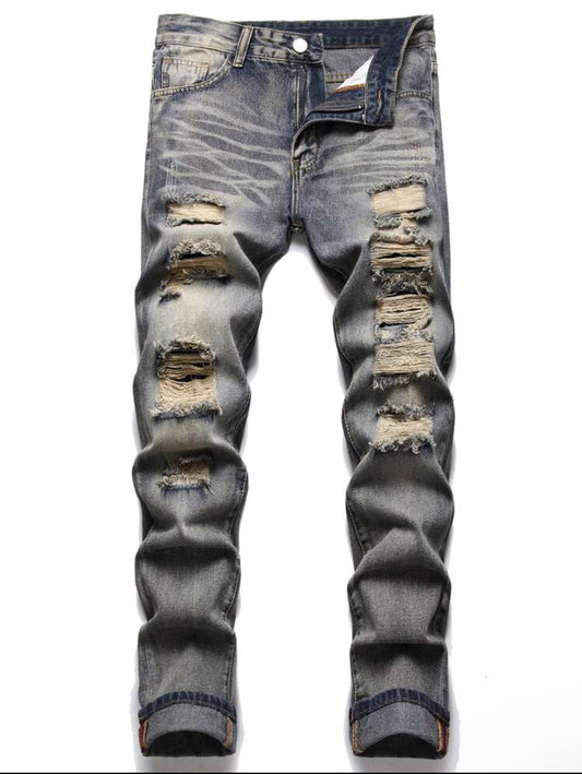 “Light Wash” Men's Distressed Slim Fit Straight Casual Fashion Jeans