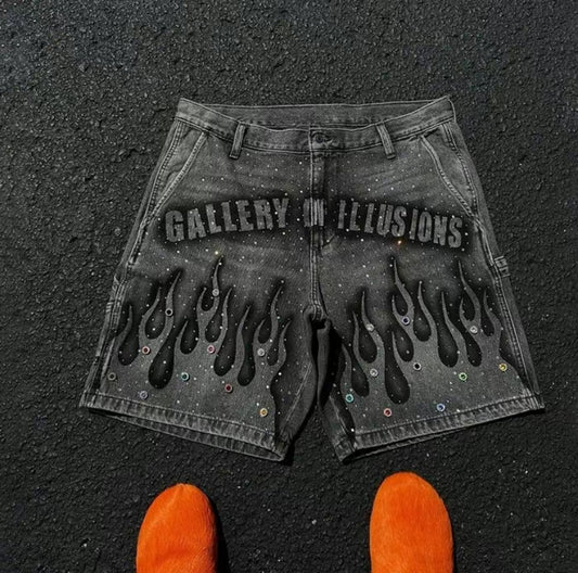 Y2K Denim Shorts Vintage Flame Pattern Rhinestone Decoration High Waist Denim Shorts Harajuku Hip Hop Men NEW fashion Streetwear Ripped Jeans
Pants