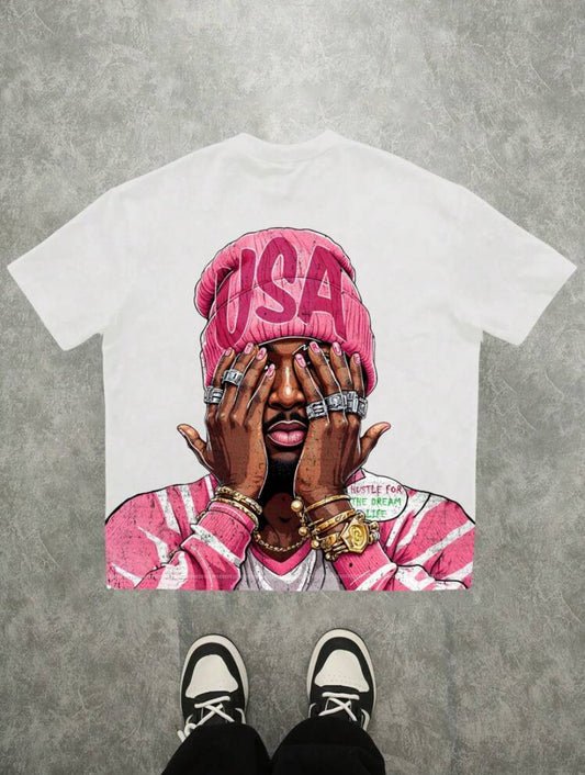 Slaydiva Vintage Style Pink Portrait Graphic Loose Fit Round Neck Short Sleeve T-Shirt For Plus Size Women, Couple Matching, Casual, Retro, Sexy, Cute, Y2K, Coconut Girl, Boho, Vacation, Spring Break, Brunch, Girls Trip, Neon Beach, Bohemian, Hippie, Musi