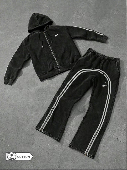 Two-piece Set Men's Zip Up Hoodie & Sweatpants, Regular Fit Casual Long Sleeve Hooded Sweatshirt & Jogger Pants for Spring & Fall, Fashion Men's Two-piece for Daily Wear, Men's 2 Piece Set, Cotton, Activewear, Tracksuit Sets, Clothes, Menswear