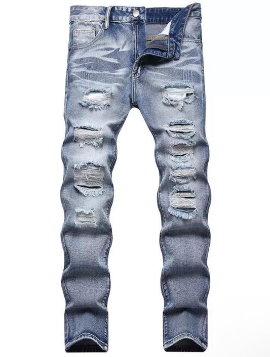 “Medium Wash” Men's Casual Distressed Slim Fit Washed Denim Jeans