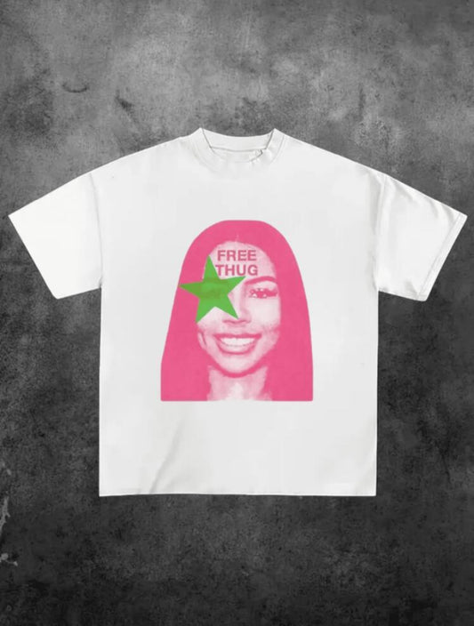 Fashion Comfortable Fit Pink Star Pattern ,Casual Print,Comfortable And Versatile,Letter Pattern Pure Cotton 220g Printed T-Shirt